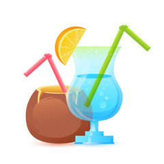 Fresh cocktails in glass and coconut with straws isolated © Yuzach