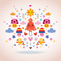 mushrooms, flowers, hearts & birds illustration