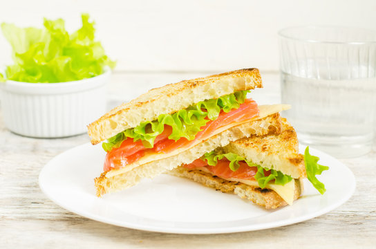 panini sandwiches with salmon, cheese and salad