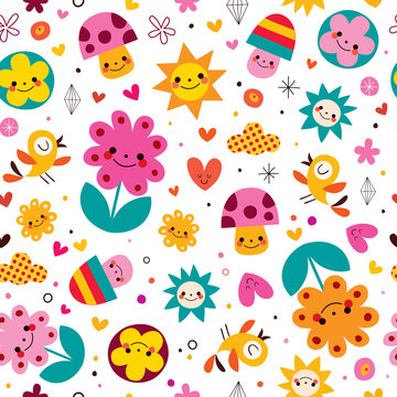 cute cartoon mushrooms, flowers, hearts & birds nature pattern