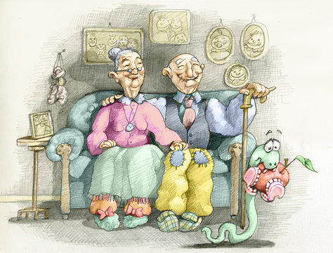 an old couple humorous hand made draw