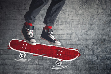 Skateboarder jumping on sketched board