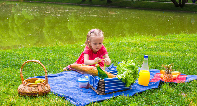 Adorable little girl on picnic outdoor near the lake