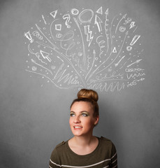 Young woman thinking with sketched arrows above her head