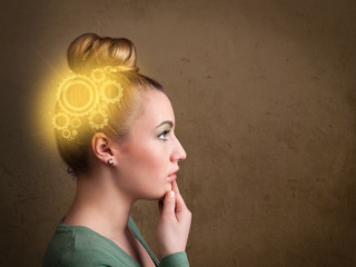 Obraz premium Clever girl thinking with a machine head illustration