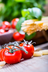 Spaghetti pene cherry tomatoes and basil leaves