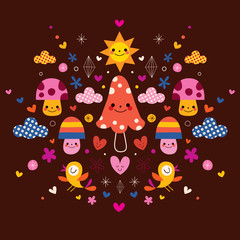 mushrooms, flowers, hearts & birds stylized nature illustration