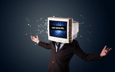 Man with a monitor head, no signal sign on the display