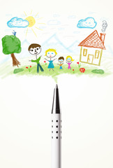 Pen close-up with a drawing of a family