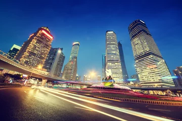 Fotobehang night traffic in Shanghai Lujiazui Finance centre © Iakov Kalinin