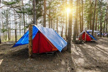 The tents are standing in the forest