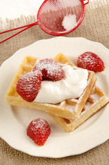 waffle with sour cream and strawberries