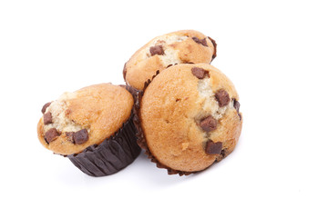 three chocolate chip muffin on a white background