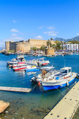 Boats in a port of Kyrenia (Girne)  a castle in the back, Cyprus