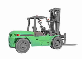 Forklift isolated on white background. May called fork truck or lift truck. Elevator machine equipment or vehicle for heavy industrial work in warehouse, factory i.e. lift up, raise and delivery.