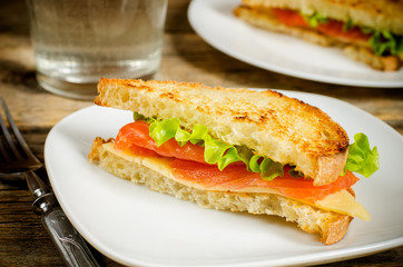 panini sandwiches with salmon, cheese and salad