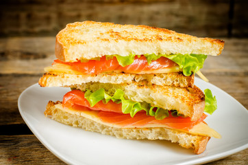 panini sandwiches with salmon, cheese and salad