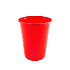 Plastic red cup on white background