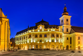 Sibiu, City Hall and Large Square in night, Romania