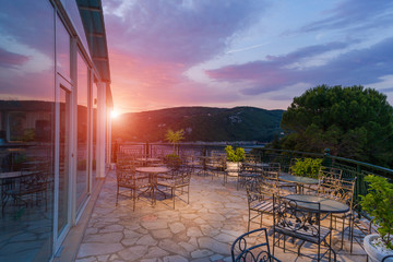 Hotel balcony at sunrise in Paleokastritsa