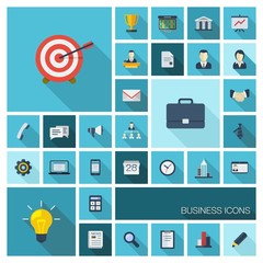 Vector flat colored business icons with long shadows
