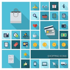 Vector flat colored retail commerce and marketing icons set