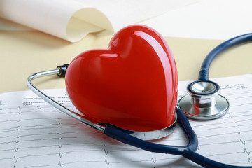 Red heart and a stethoscope on cardiagram