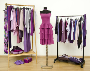 Wardrobe with purple clothes on hangers and a dress on manequin. - 66590925