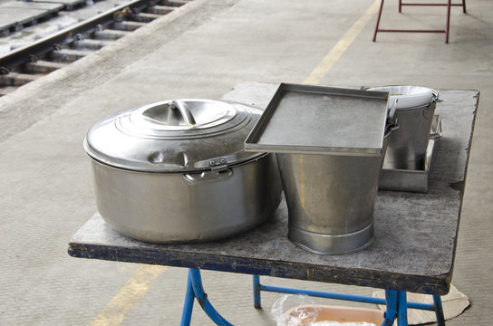 Metal Pot And Bucket For Food In Train Station, India