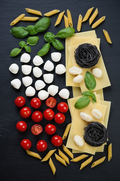 Variety of traditional italian ingredients, above view