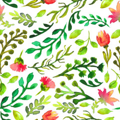 Watercolor seamless pattern with green leaf and red flowers