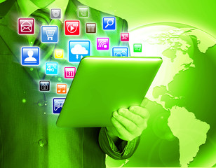 Business man use tablet pc with colorful application icons