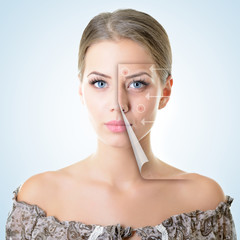 portrait of beautiful woman with problem and clean skin, aging a