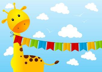 Funny giraffe with party flags