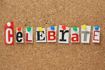 The word Celebrate on a cork notice board
