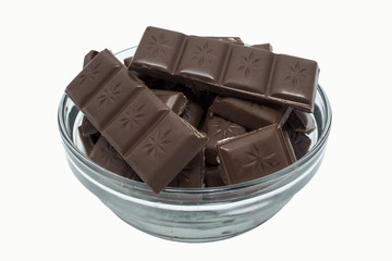 cut chunks of a chocolate bar on cubes on a bowl