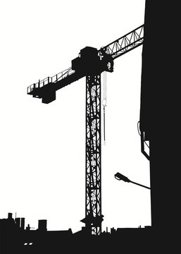 Working crane in the city (artwork vector black & white)