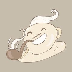 funny cup of coffee with tobacco pipe, vector illustration