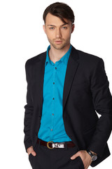 Young businessman black suit casual poses