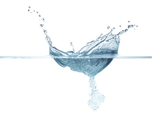 Close up of blue water splash and air bubbles, isolated