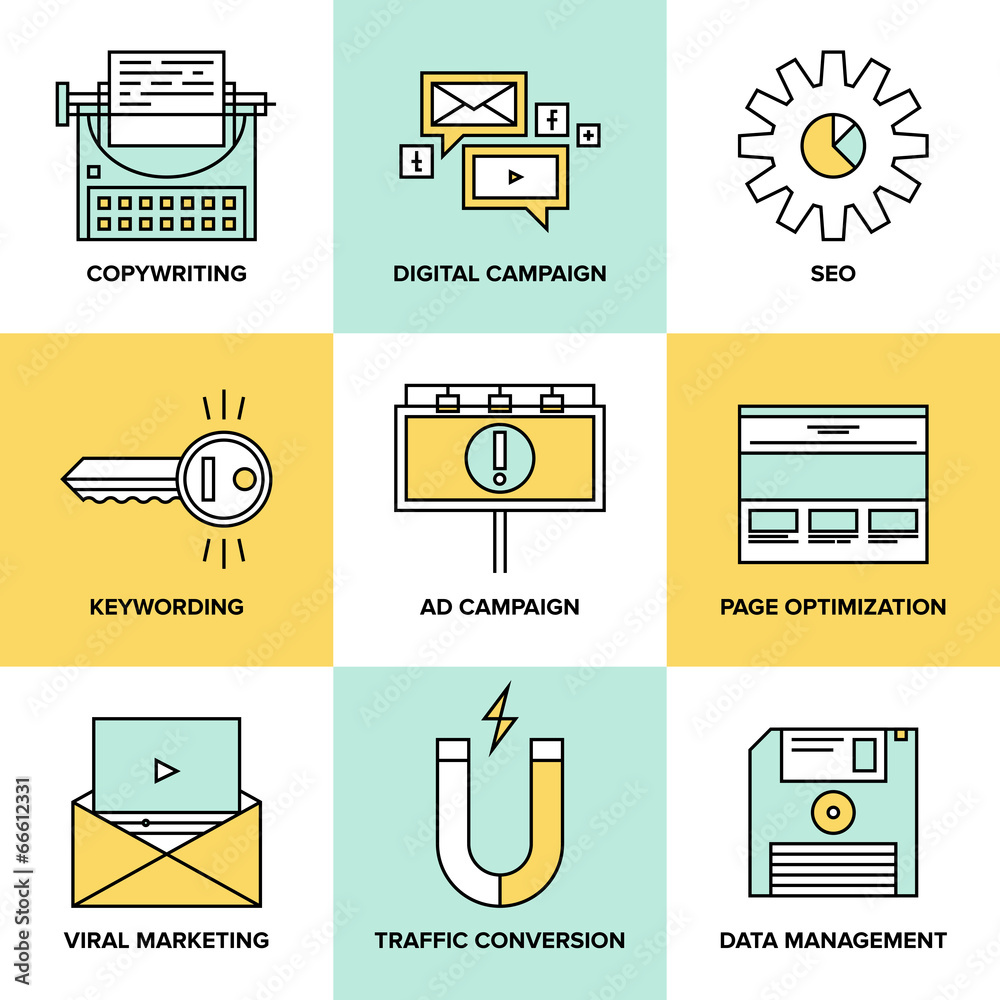 Aufkleber digital marketing and seo optimization flat icons