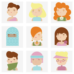 Cute female character faces flat icons