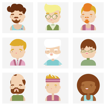 Cute male character faces flat icons