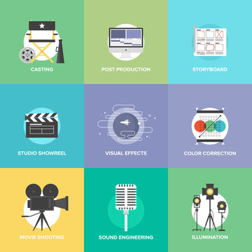 Film shooting and production flat icons set