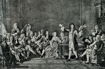 Moliere presents his Tartuffe in salon of Ninon de L'Enclos