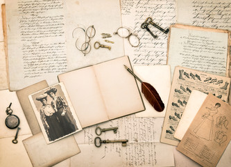vintage accessories, antique fashion magazine and portrait of tw