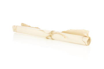 Old rolled  paper with rope isolated on white background