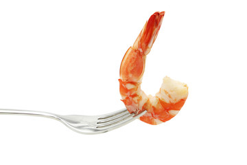 Shrimp on fork isolated on white background