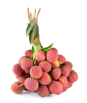 fresh lychees on white background