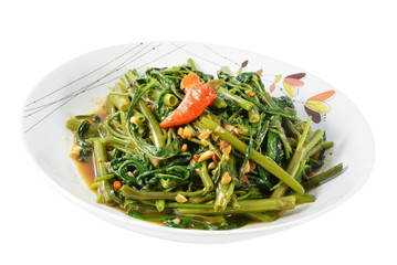 Fried morning glory in a dish